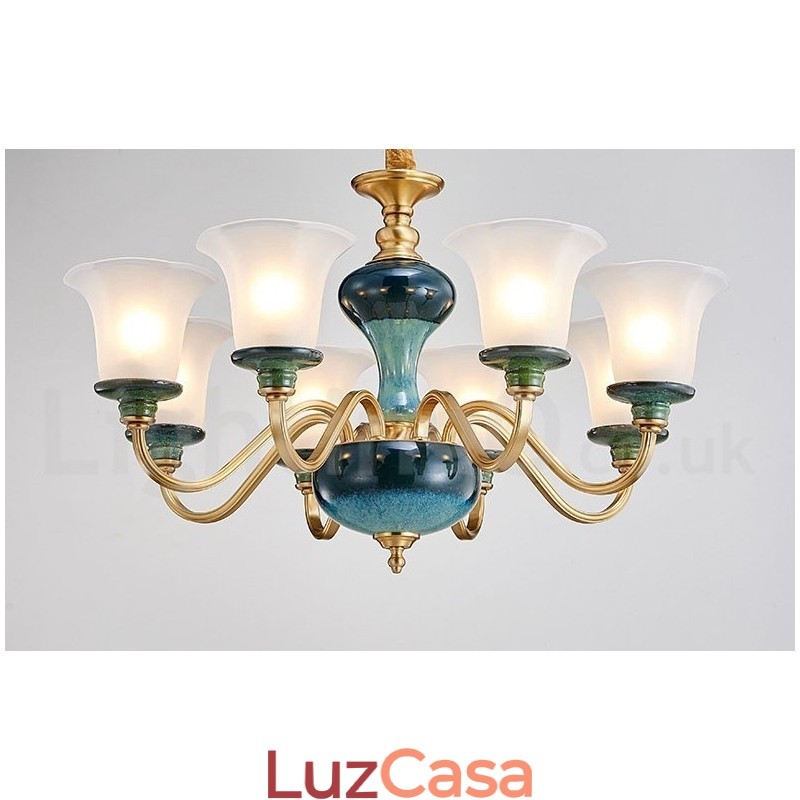 Retro Vintage Latão Cerâmica Pingente Vela Lustre com Tons de Vidro