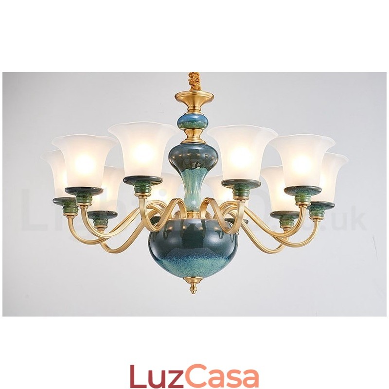 Retro Vintage Latão Cerâmica Pingente Vela Lustre com Tons de Vidro