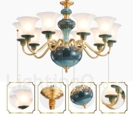 Retro Vintage Latão Cerâmica Pingente Vela Lustre com Tons de Vidro