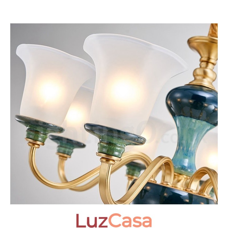 Retro Vintage Latão Cerâmica Pingente Vela Lustre com Tons de Vidro