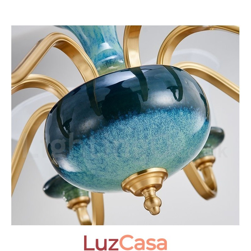 Retro Vintage Latão Cerâmica Pingente Vela Lustre com Tons de Vidro