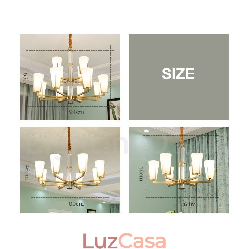 Lustre de vela pendente de cristais de latão vintage retrô com cúpulas de vidro