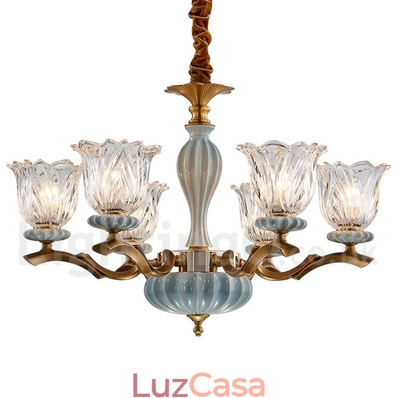 Retro Vintage Latão Cerâmica Pingente Vela Lustre com Tons de Vidro