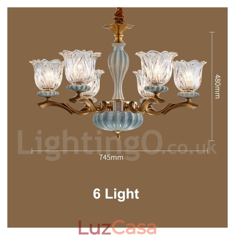 Retro Vintage Latão Cerâmica Pingente Vela Lustre com Tons de Vidro