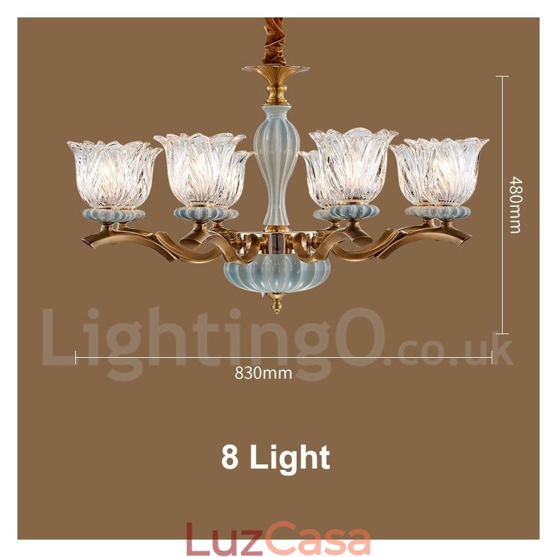 Retro Vintage Latão Cerâmica Pingente Vela Lustre com Tons de Vidro
