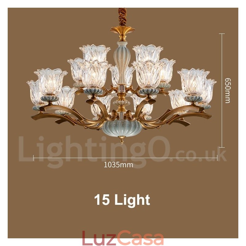 Retro Vintage Latão Cerâmica Pingente Vela Lustre com Tons de Vidro