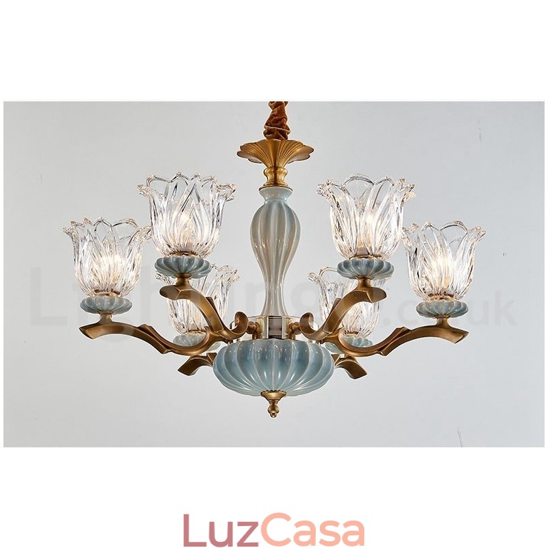 Retro Vintage Latão Cerâmica Pingente Vela Lustre com Tons de Vidro