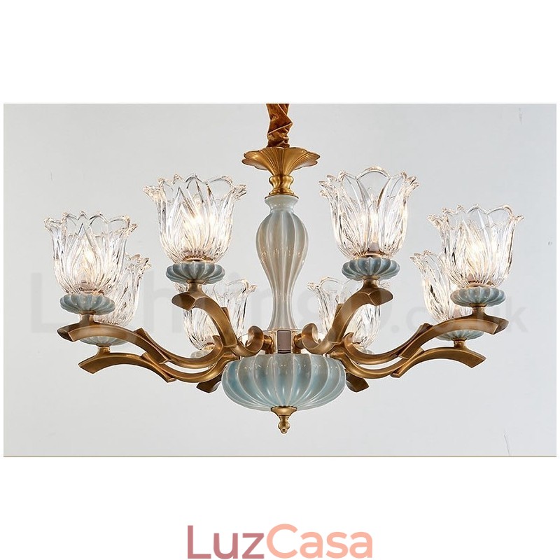 Retro Vintage Latão Cerâmica Pingente Vela Lustre com Tons de Vidro