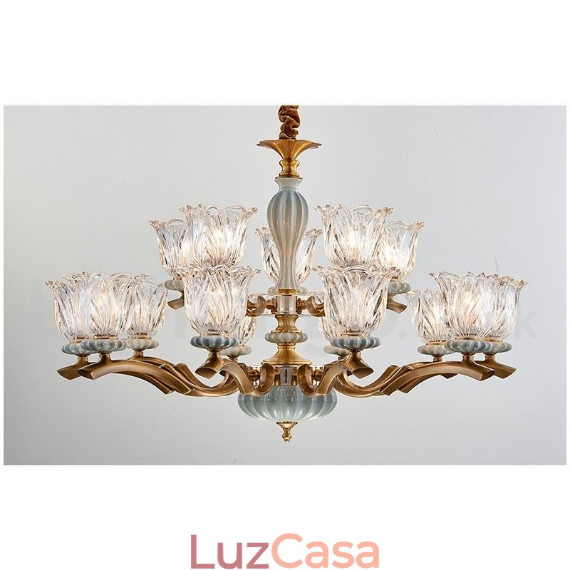 Retro Vintage Latão Cerâmica Pingente Vela Lustre com Tons de Vidro