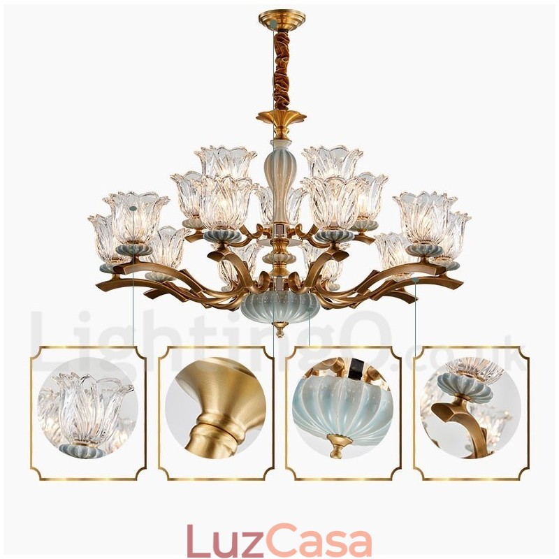 Retro Vintage Latão Cerâmica Pingente Vela Lustre com Tons de Vidro