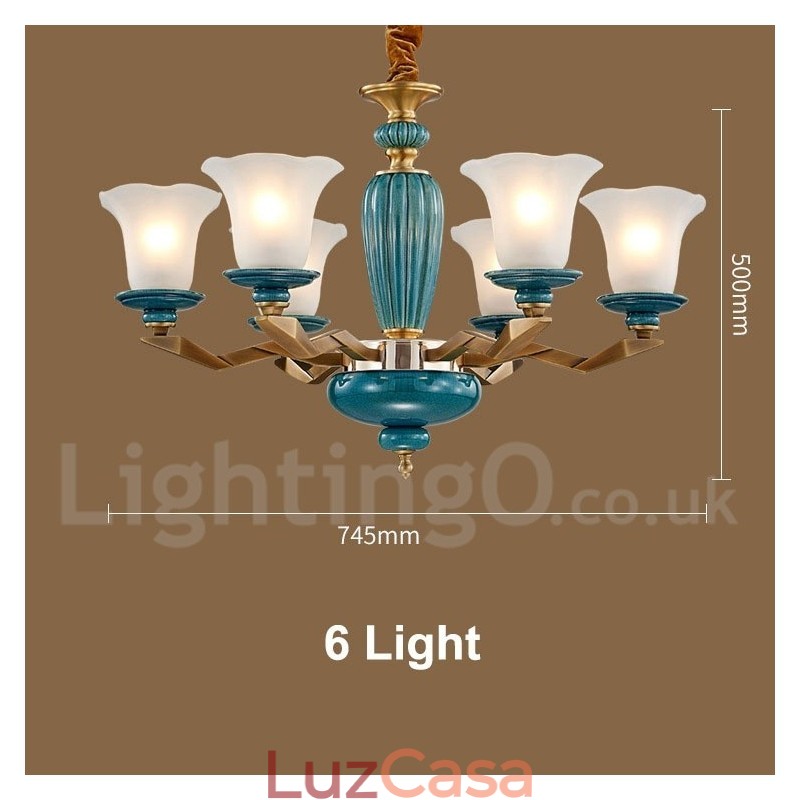 Retro Vintage Latão Cerâmica Pingente Vela Lustre com Tons de Vidro