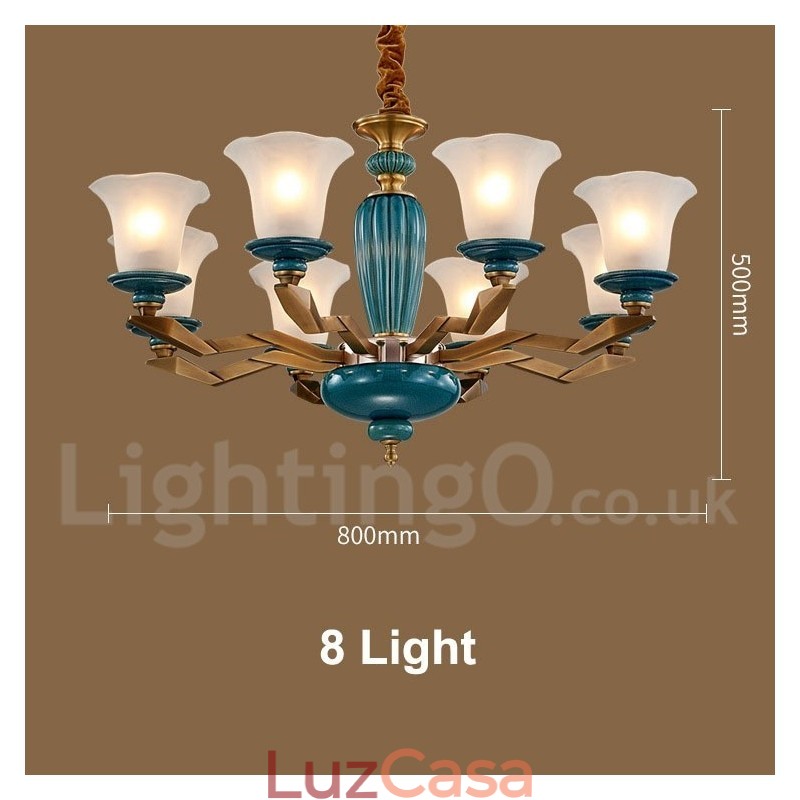 Retro Vintage Latão Cerâmica Pingente Vela Lustre com Tons de Vidro