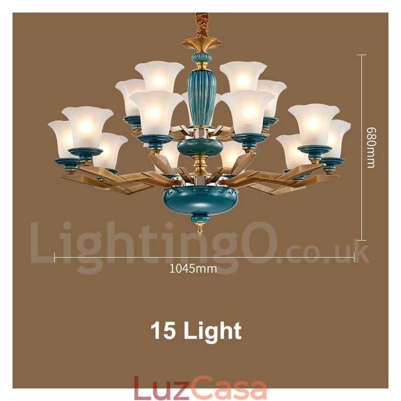 Retro Vintage Latão Cerâmica Pingente Vela Lustre com Tons de Vidro