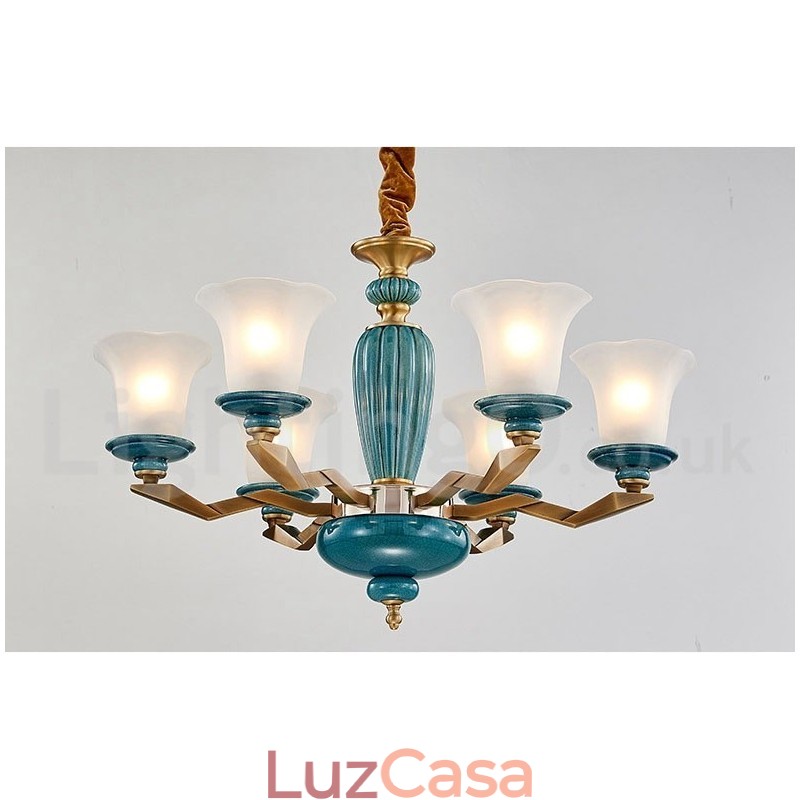 Retro Vintage Latão Cerâmica Pingente Vela Lustre com Tons de Vidro