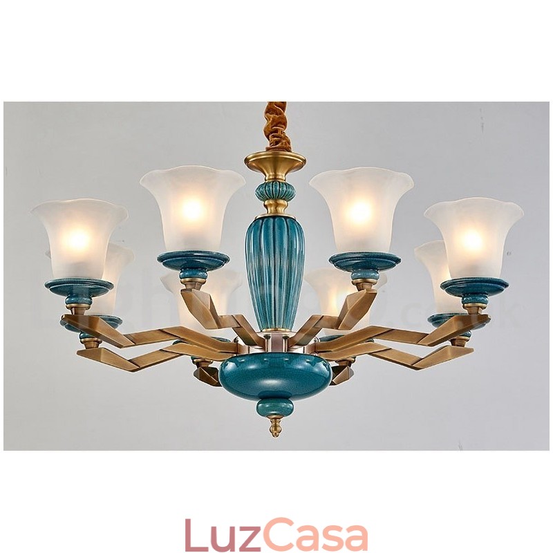 Retro Vintage Latão Cerâmica Pingente Vela Lustre com Tons de Vidro