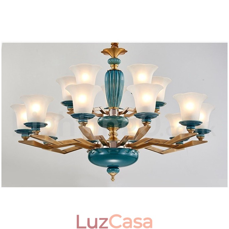 Retro Vintage Latão Cerâmica Pingente Vela Lustre com Tons de Vidro