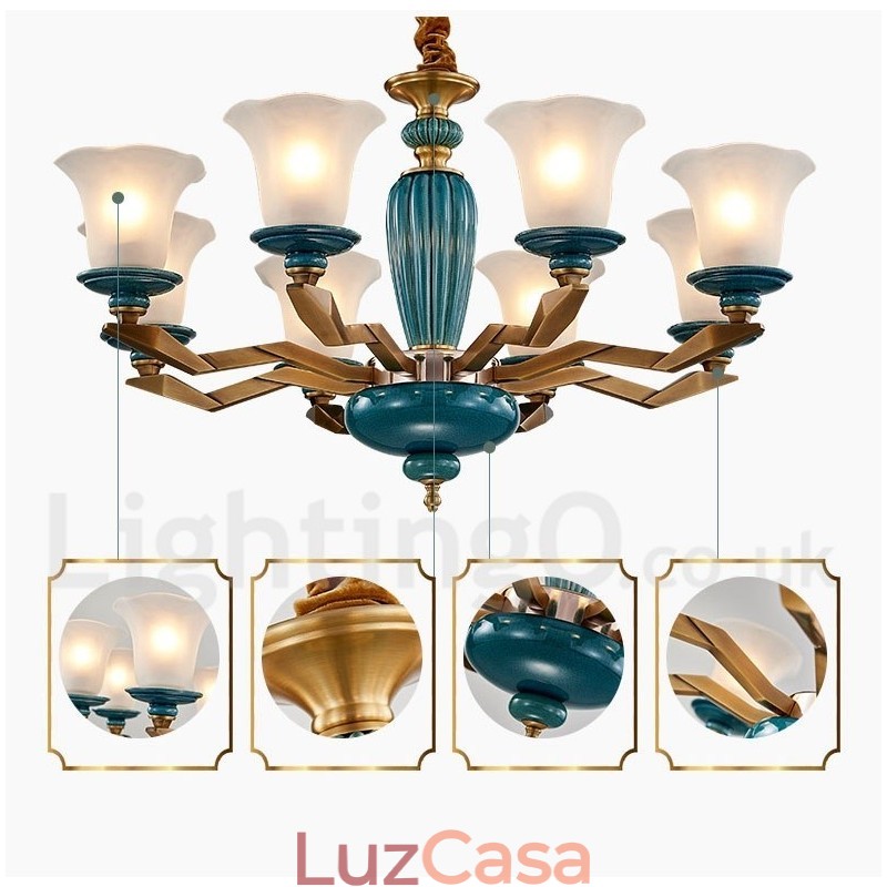 Retro Vintage Latão Cerâmica Pingente Vela Lustre com Tons de Vidro