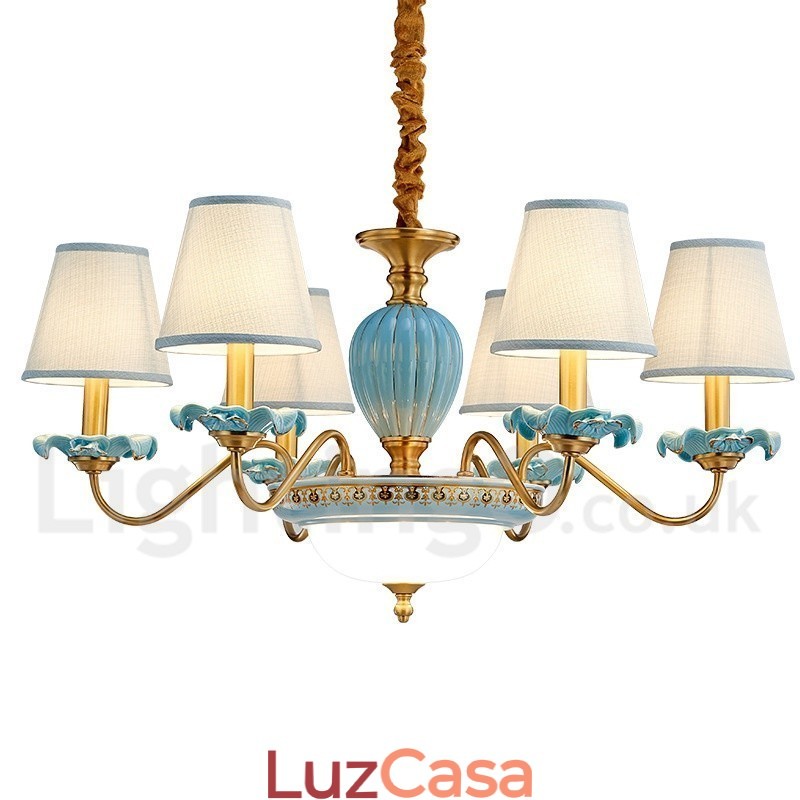 Retro Vintage Latão Cerâmica Pingente Vela Lustre com Tons de Tecido Azul