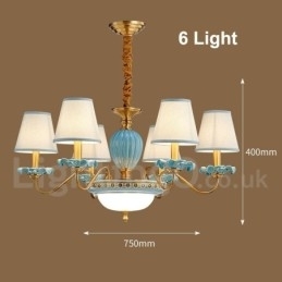 Retro Vintage Latão Cerâmica Pingente Vela Lustre com Tons de Tecido Azul