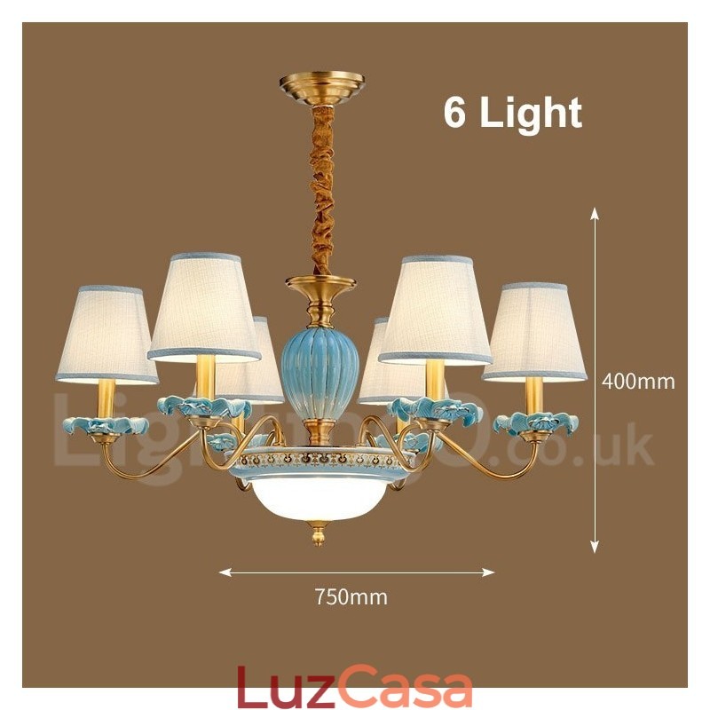 Retro Vintage Latão Cerâmica Pingente Vela Lustre com Tons de Tecido Azul