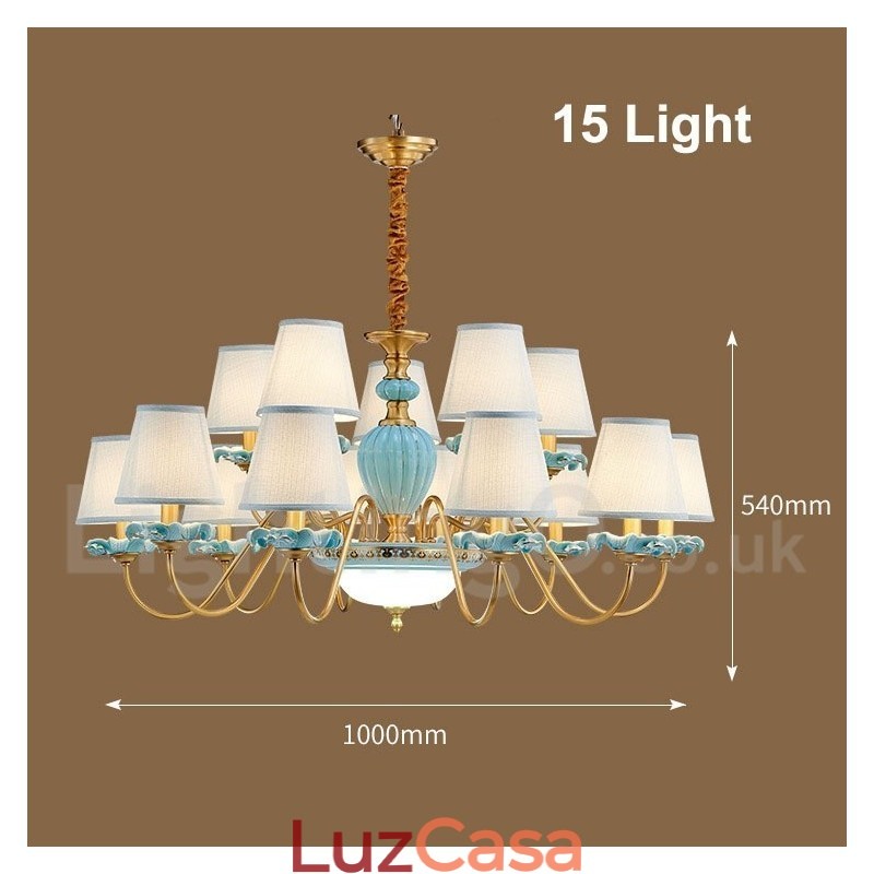 Retro Vintage Latão Cerâmica Pingente Vela Lustre com Tons de Tecido Azul