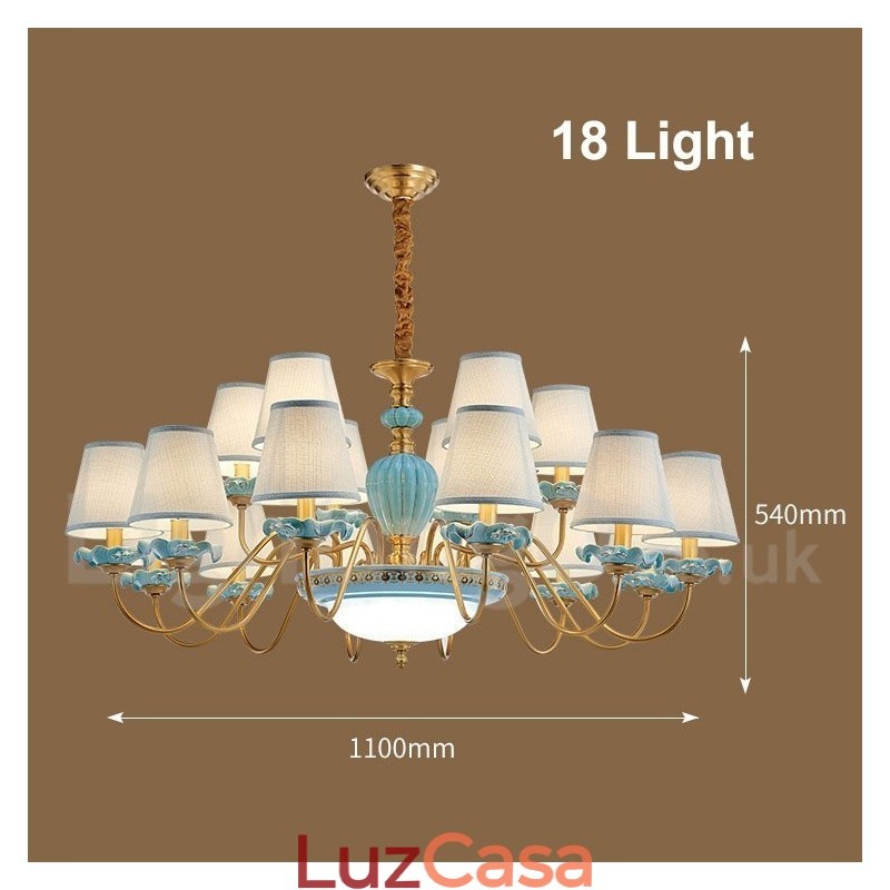 Retro Vintage Latão Cerâmica Pingente Vela Lustre com Tons de Tecido Azul