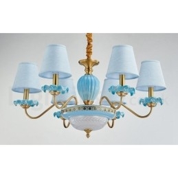 Retro Vintage Latão Cerâmica Pingente Vela Lustre com Tons de Tecido Azul