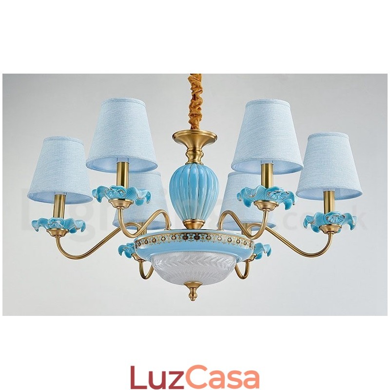 Retro Vintage Latão Cerâmica Pingente Vela Lustre com Tons de Tecido Azul