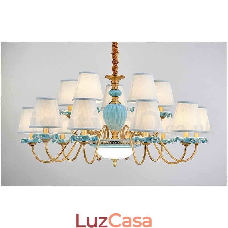 Retro Vintage Latão Cerâmica Pingente Vela Lustre com Tons de Tecido Azul