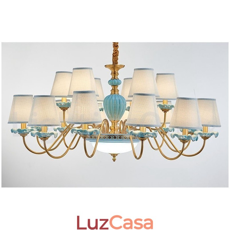 Retro Vintage Latão Cerâmica Pingente Vela Lustre com Tons de Tecido Azul