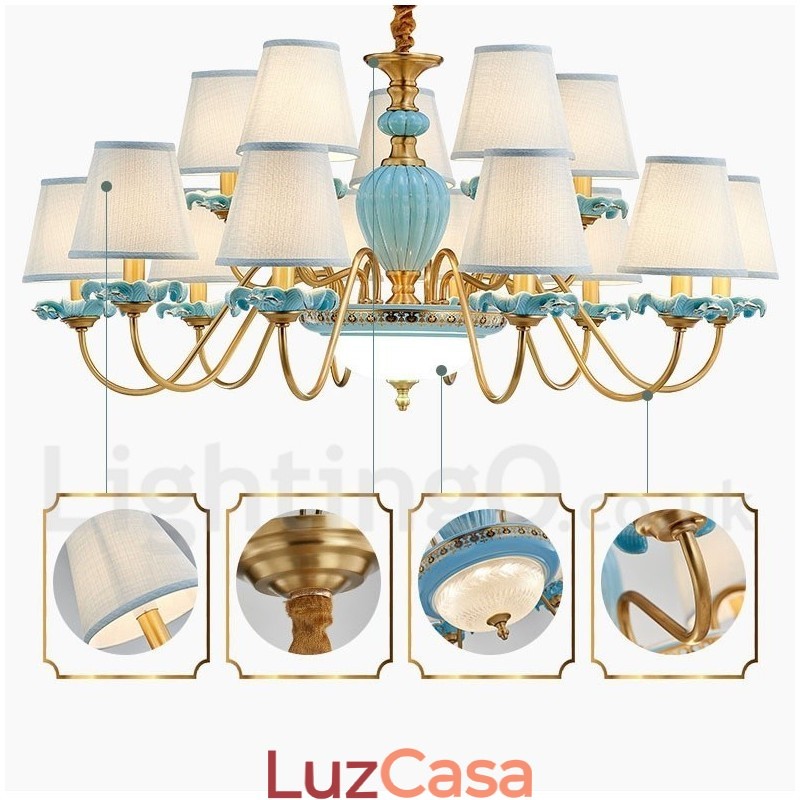 Retro Vintage Latão Cerâmica Pingente Vela Lustre com Tons de Tecido Azul