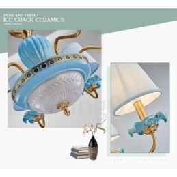 Retro Vintage Latão Cerâmica Pingente Vela Lustre com Tons de Tecido Azul