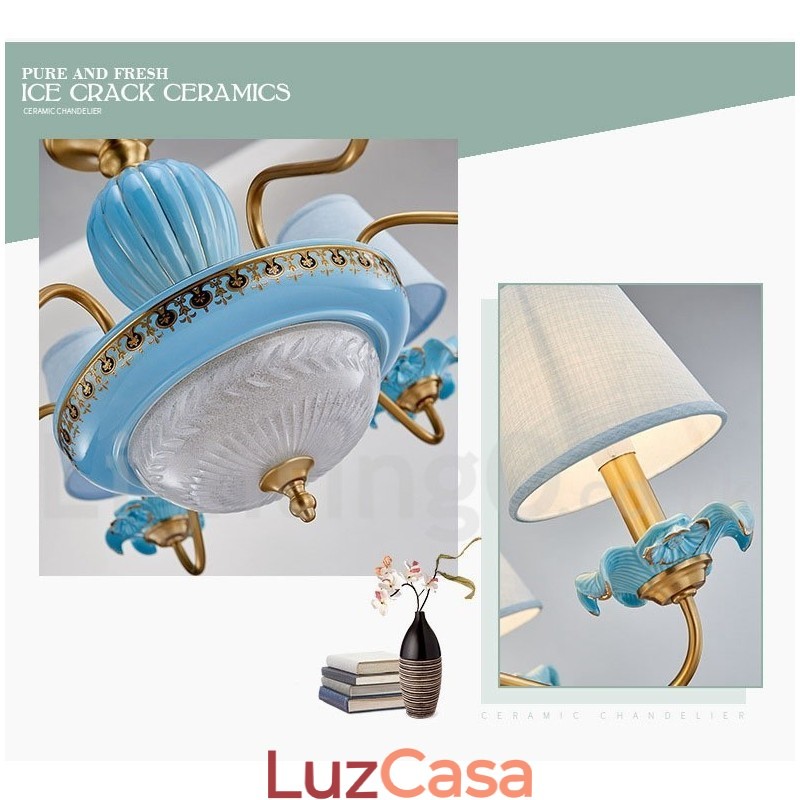 Retro Vintage Latão Cerâmica Pingente Vela Lustre com Tons de Tecido Azul