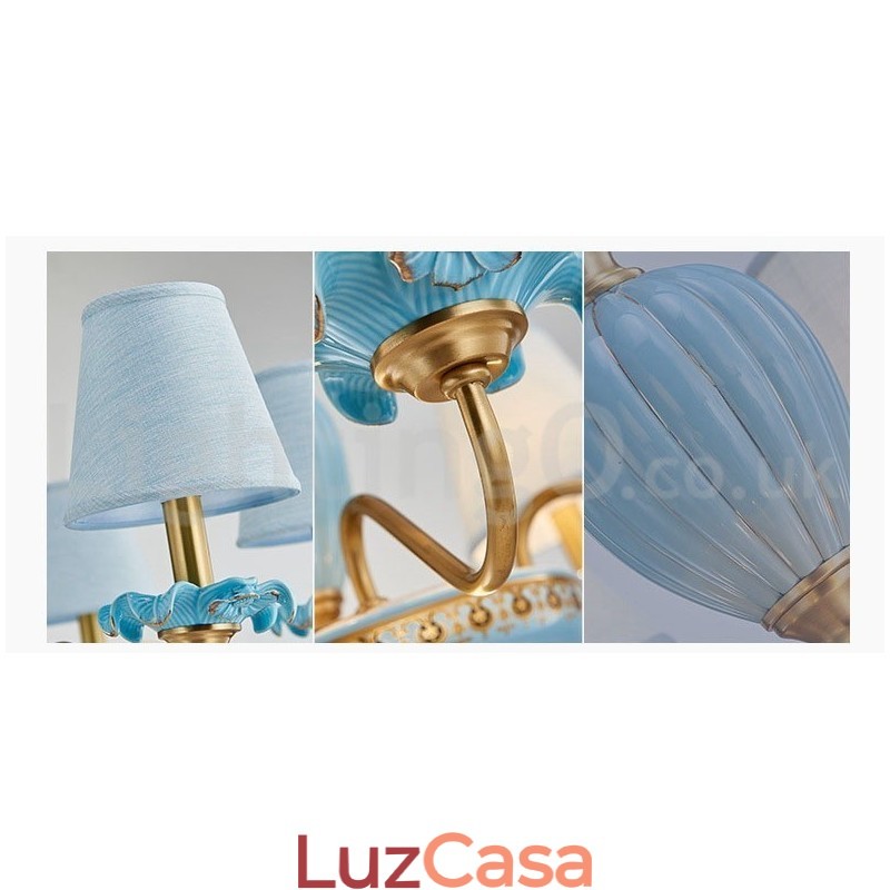 Retro Vintage Latão Cerâmica Pingente Vela Lustre com Tons de Tecido Azul