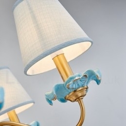Retro Vintage Latão Cerâmica Pingente Vela Lustre com Tons de Tecido Azul