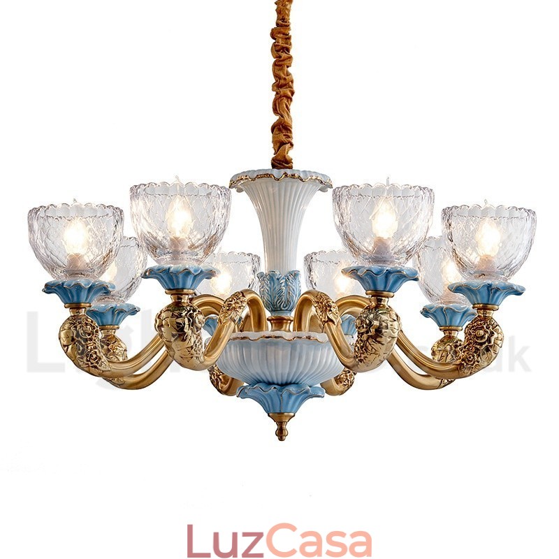 Retro Vintage Latão Cerâmica Pingente Vela Lustre com Tons de Vidro