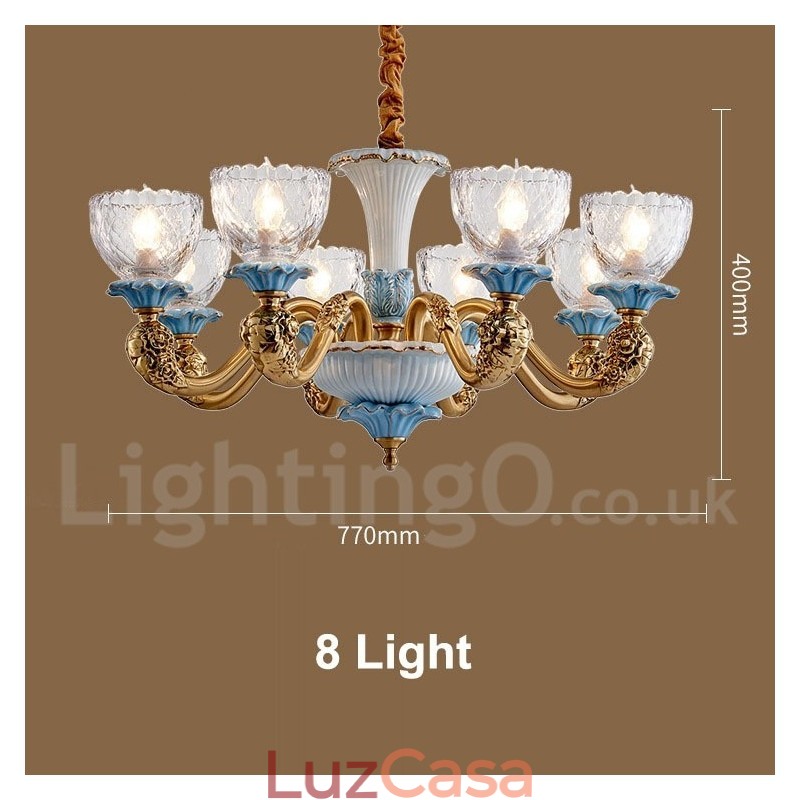 Retro Vintage Latão Cerâmica Pingente Vela Lustre com Tons de Vidro