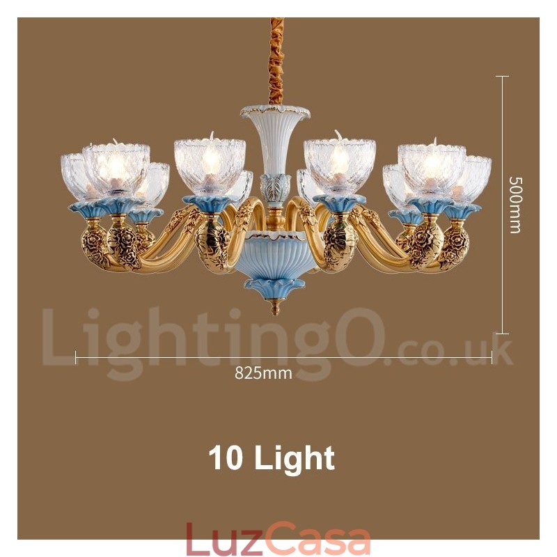 Retro Vintage Latão Cerâmica Pingente Vela Lustre com Tons de Vidro