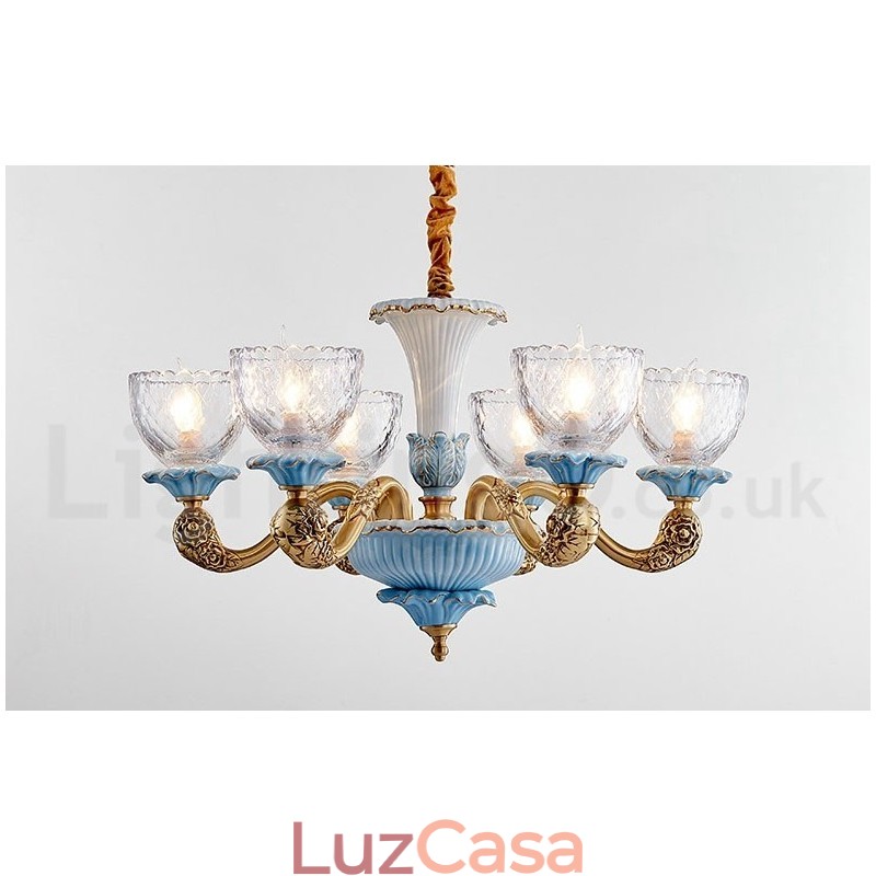 Retro Vintage Latão Cerâmica Pingente Vela Lustre com Tons de Vidro