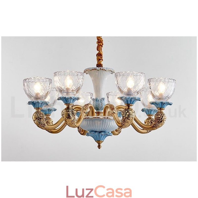 Retro Vintage Latão Cerâmica Pingente Vela Lustre com Tons de Vidro