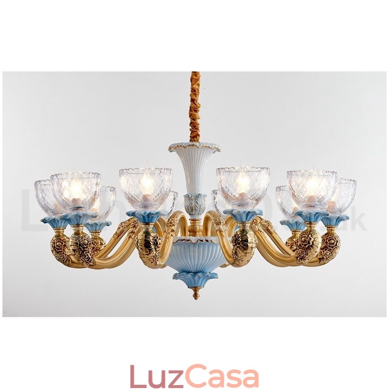 Retro Vintage Latão Cerâmica Pingente Vela Lustre com Tons de Vidro