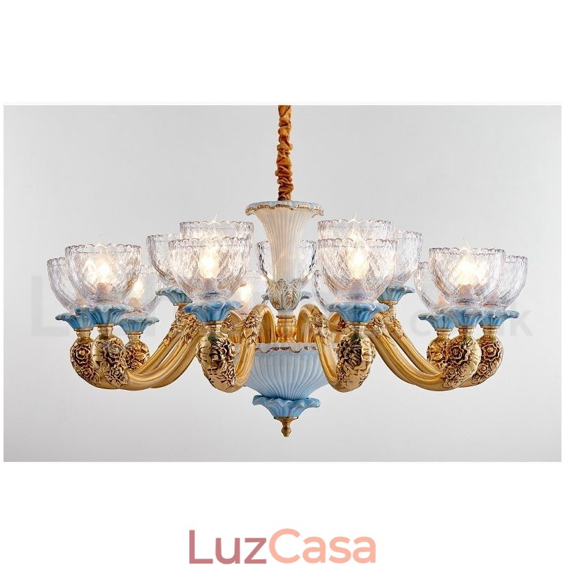 Retro Vintage Latão Cerâmica Pingente Vela Lustre com Tons de Vidro