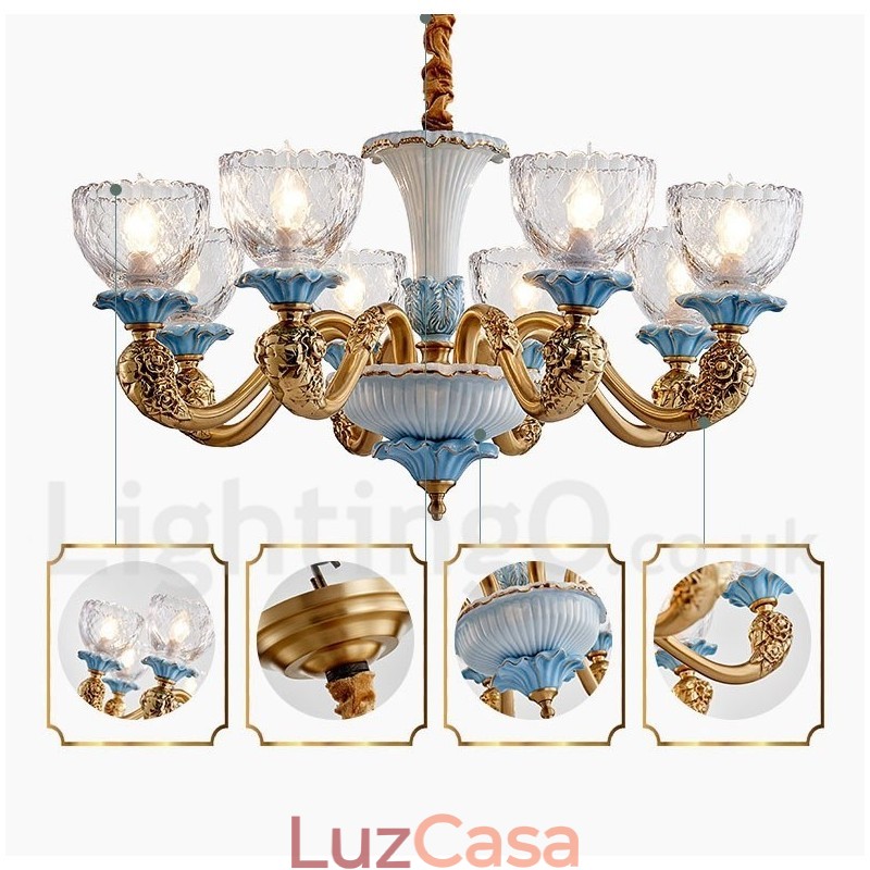 Retro Vintage Latão Cerâmica Pingente Vela Lustre com Tons de Vidro