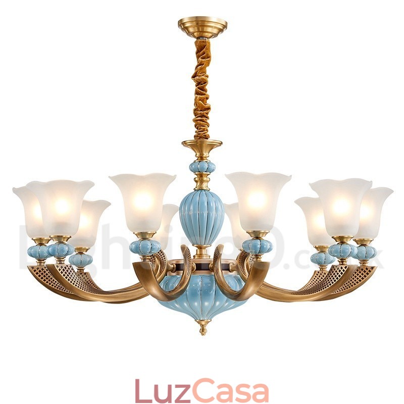 Retro Vintage Latão Cerâmica Pingente Vela Lustre com Tons de Vidro