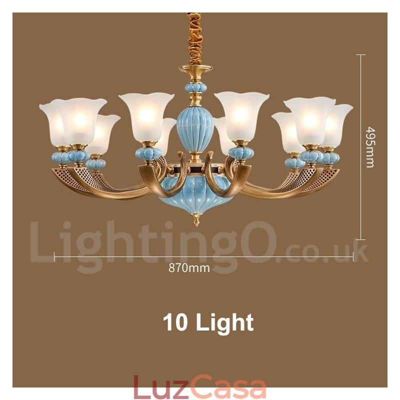 Retro Vintage Latão Cerâmica Pingente Vela Lustre com Tons de Vidro