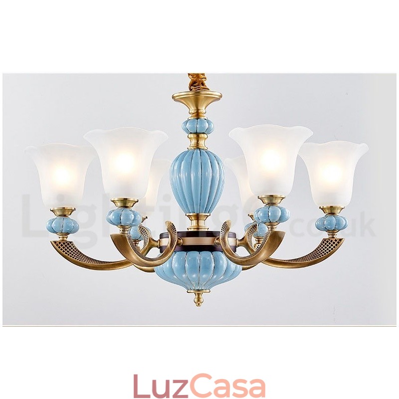 Retro Vintage Latão Cerâmica Pingente Vela Lustre com Tons de Vidro