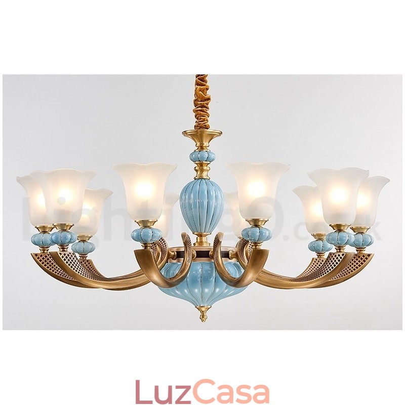 Retro Vintage Latão Cerâmica Pingente Vela Lustre com Tons de Vidro