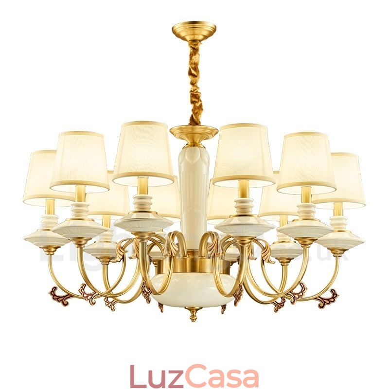 Retro Vintage Latão Cerâmica Pingente Vela Lustre com Tecido Tons