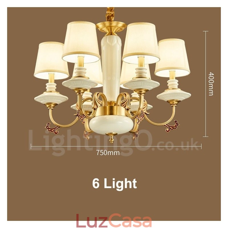 Retro Vintage Latão Cerâmica Pingente Vela Lustre com Tecido Tons