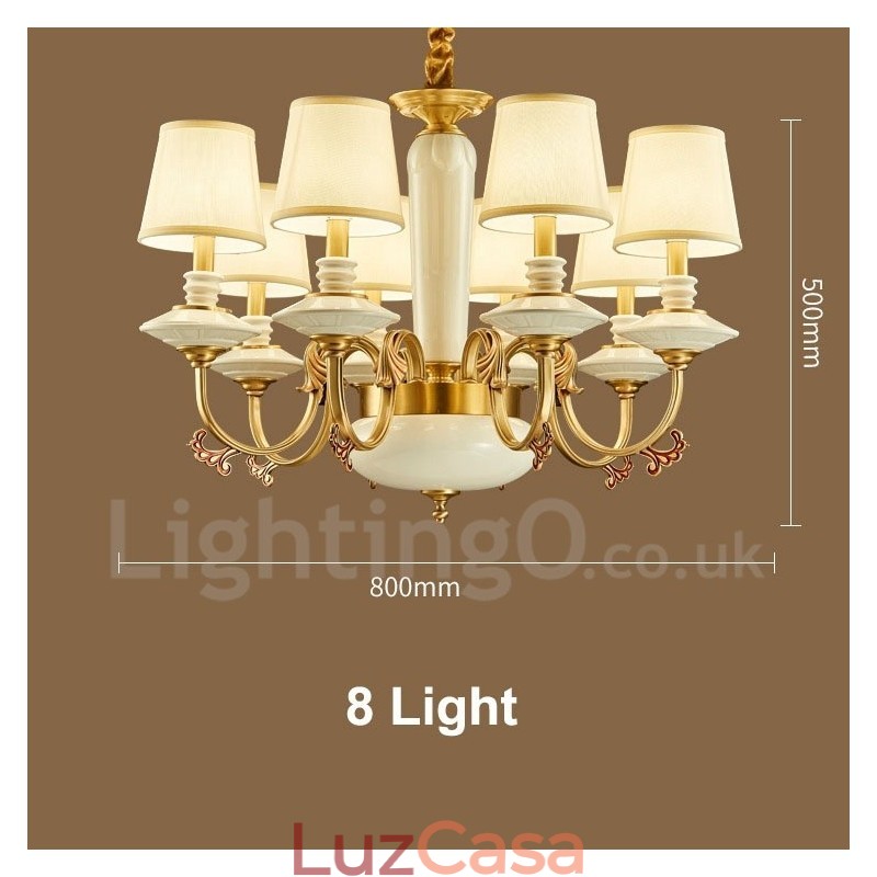 Retro Vintage Latão Cerâmica Pingente Vela Lustre com Tecido Tons